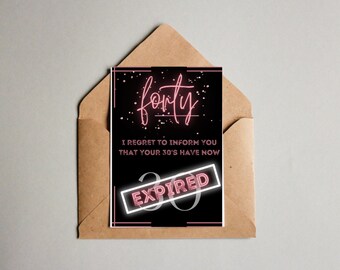 Funny 40th Birthday Card 40th Birthday Gift For Women Men, Turning 40, Black Pink Rose Gold Neon Sparkle Trendy Unique Customizable PDF