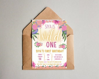 Birthday Invitation, Wild ONE, First Birthday, Customizable Birthday Template, One Year Old Birthday Invite, Flowers/Jungle Theme