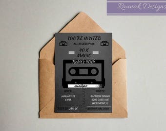 Retro 90's Vintage Music Cassette Tape Invitation Black and Gray 40th Birthday Customization Digital PDF