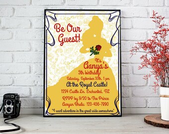 Beauty and the Beast Theme Invitation Be Our Guest Yellow Blue Red Silhouette Birthday Bridal Shower Wedding Customizable PDF