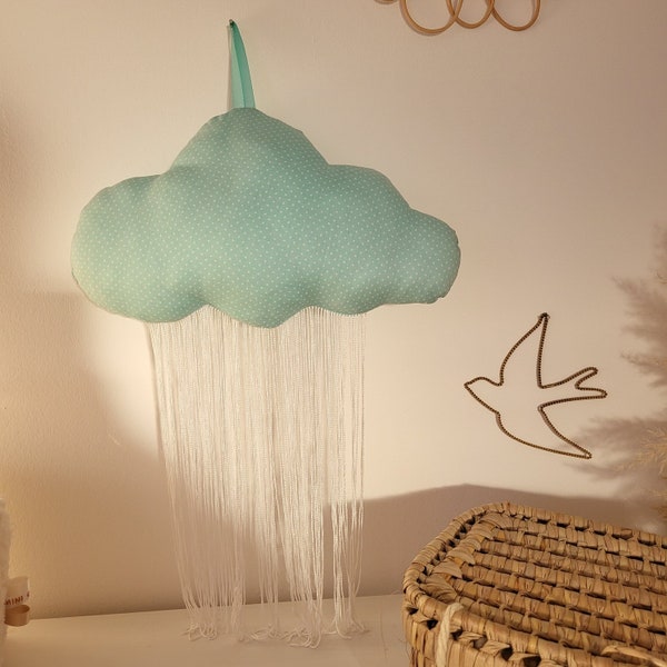 nuage suspension franges décoration chambre bébé enfants mint à pois blanc