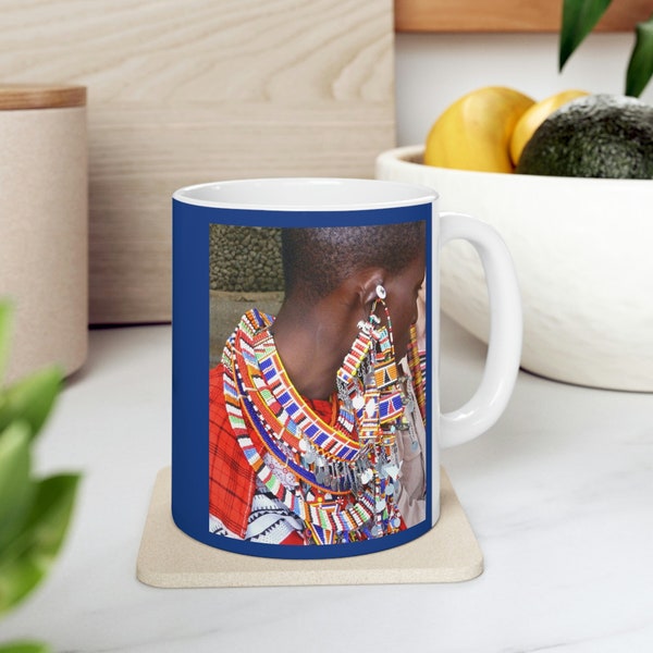 Maasai Mara Tribal Woman, Ceramic Mug 11oz, African Village Safari, PhotoShatts Print, Colorful Jewelry, Gift Tribal Mugs