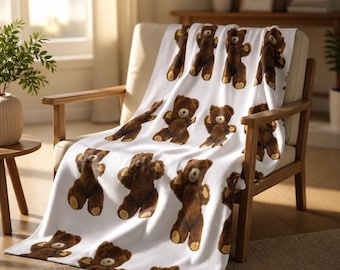Teddy Bear Fleece Blanket, Soft Nursery Throw, Baby Shower Gift, 2 Colors, 3 Sizes