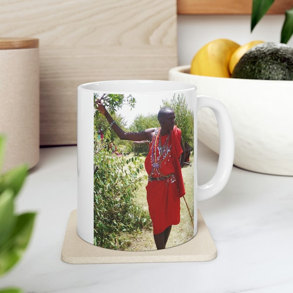 Maasai Mara Tribal Man, Ceramic Mug 11oz, African Village Safari, PhotoShatts Print, Colorful Jewelry, Gift Tribal Mugs