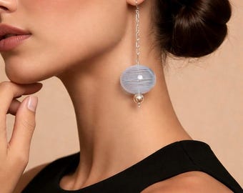 Blue Glass Drop Earrings: Sterling Silver Chain, Retro 60s Style, Current Fashion Accessory