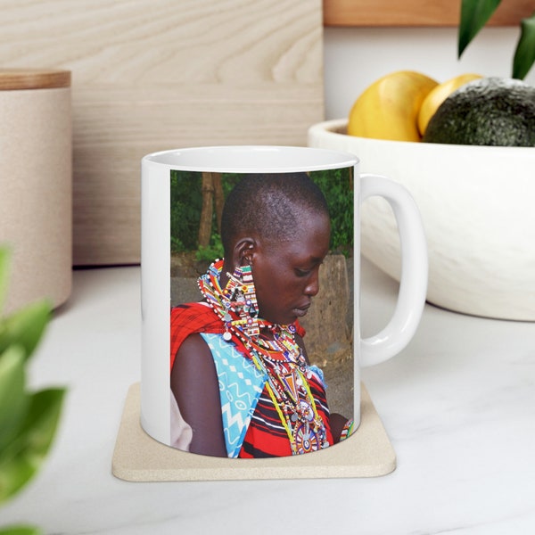 Maasai Mara Tribal Woman, Ceramic Mug 11oz, African Village Safari, PhotoShatts Print, African Necklaces, Colorful Jewelry, Gift Tribal Mugs