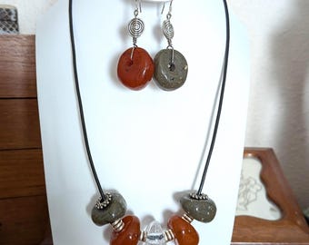 Lightweight Colorful Oval Beads on 21" Leather Cord with Matching Earrings