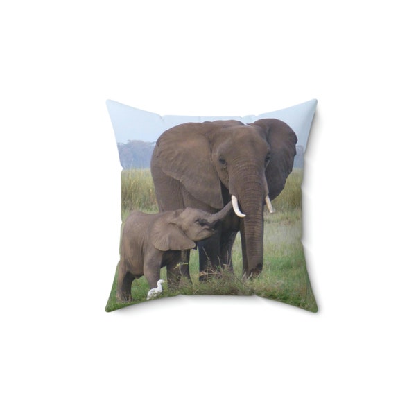 Elephant Mother & Child Pillow, Spun Polyester 2 Sided Print, Wild Animal Lover, Fun Accent,  Statement, Great Home Decor Gift