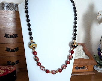 Unique Cloisonne Beads: Dragon, Pink Flowers & Black Onyx with Red Ceramic Beads