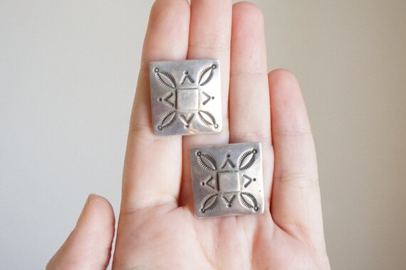 Vintage Sterling Handmade Square Concho Stud Earr… - image 1
