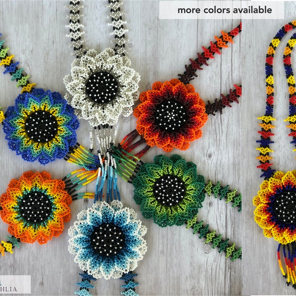 Mexican one flower necklace | Authentic handmade huichol jewelry | Beaded necklace from Mexico