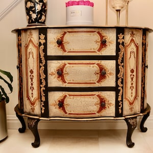 Hand Painted Ebony Cream And Russet Bombe Gold Gilt Demilune Cabinet
