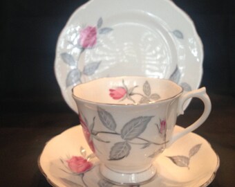 May include: A white teacup and saucer set with a delicate floral design featuring pink roses and gray leaves. The set has a gold trim around the edges.