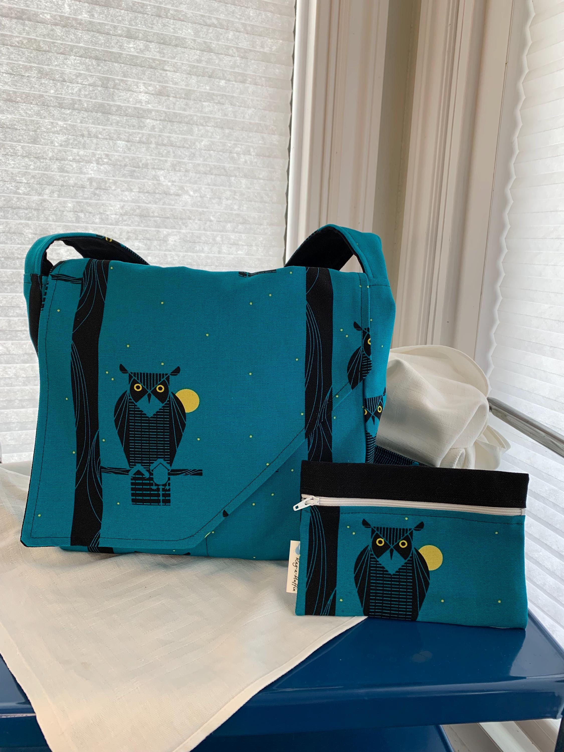 Charlie Harper Owl Canvas Fabric Reversible Crossbody Bag with Matching Zip Pouch