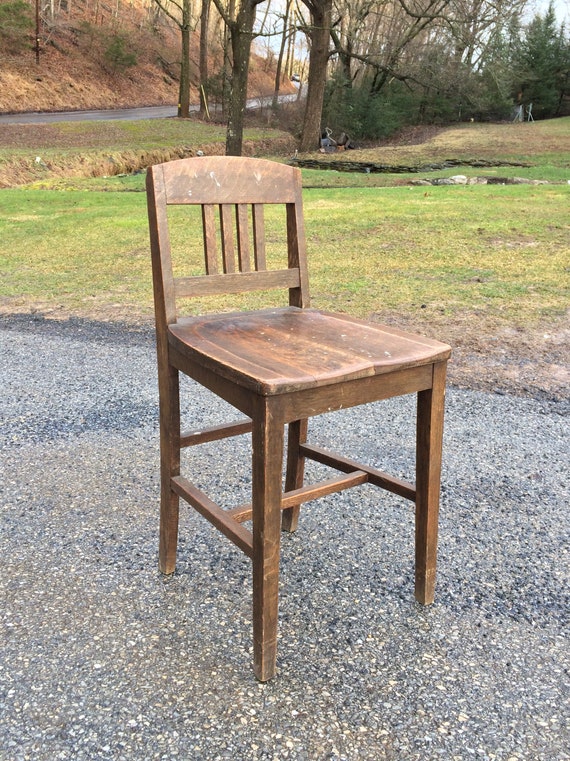 Antique Vintage The Sikes Company Wood Drafting Chair General Store Counter Stool With Low Backrest High Slanted Seat Rare