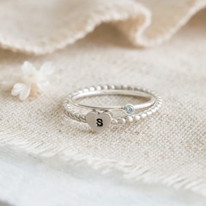 Sterling Silver Initial Heart Ring Stacking Set For Women • Personalized Birthstone Ring For Mom • Heart Ring For Girlfriend • Daughter Gift
