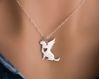 Collar con colgante de perro con alas de ángel de plata esterlina: recuerdo de la pérdida de una mascota.