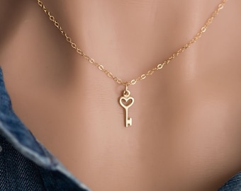 14K Solid Gold Tiny Key Necklace • Tiny Gold Heart Key Necklace • Little Key Necklace • Tiny Heart Key Pendant • Birthstone Jewelry