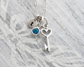 Sterling Silver Heart Key Necklace: Tiny Key Charm Pendant