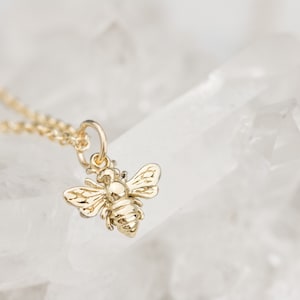 Honey Bee Necklace Solid 14K Yellow Gold Tiny Honeybee Bumble Bee Charm Pendant, Bee Keeper Gift