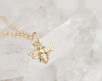 Honey Bee Necklace Solid 14K Yellow Gold Tiny Honeybee Bumble Bee Charm Pendant, Bee Keeper Gift