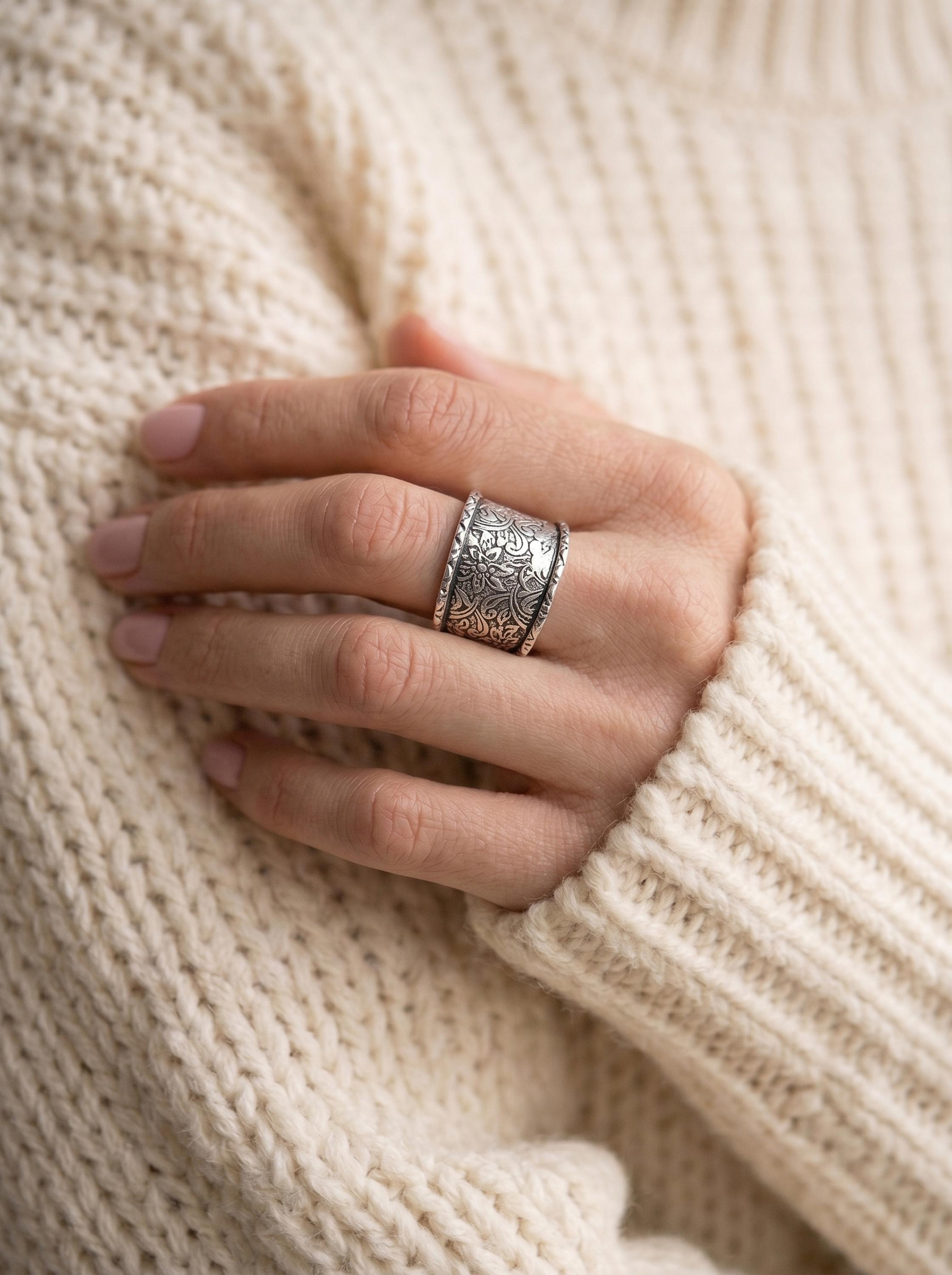 Antiqued Floral Wide Band Ring — Handcrafted Sterling Silver Statement ...