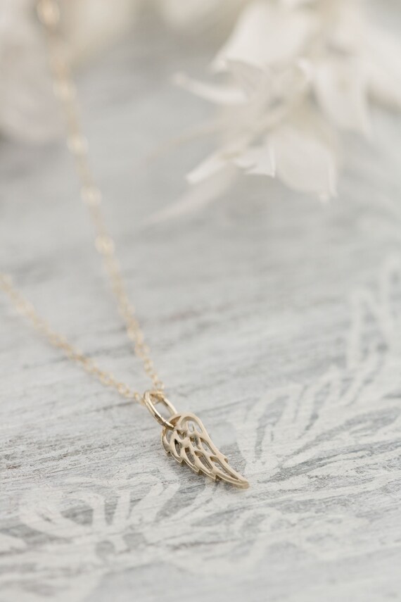 Angel Wing Charm Necklace 14k SOLID GOLD Small Detailed Wing