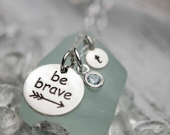 Sterling Silver &#39;Be Brave&#39; Round Charm with Arrow Accent - Inspirational Jewelry, Gift for Courage, Motivational Pendant