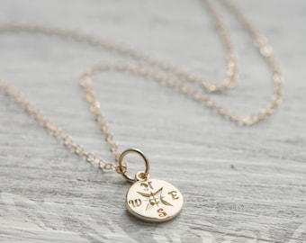 14 K Solid Gold Compass Necklace - Graduation Necklace - Travel Jewelry - Dainty Compass Pendant - Birthstone Jewelry
