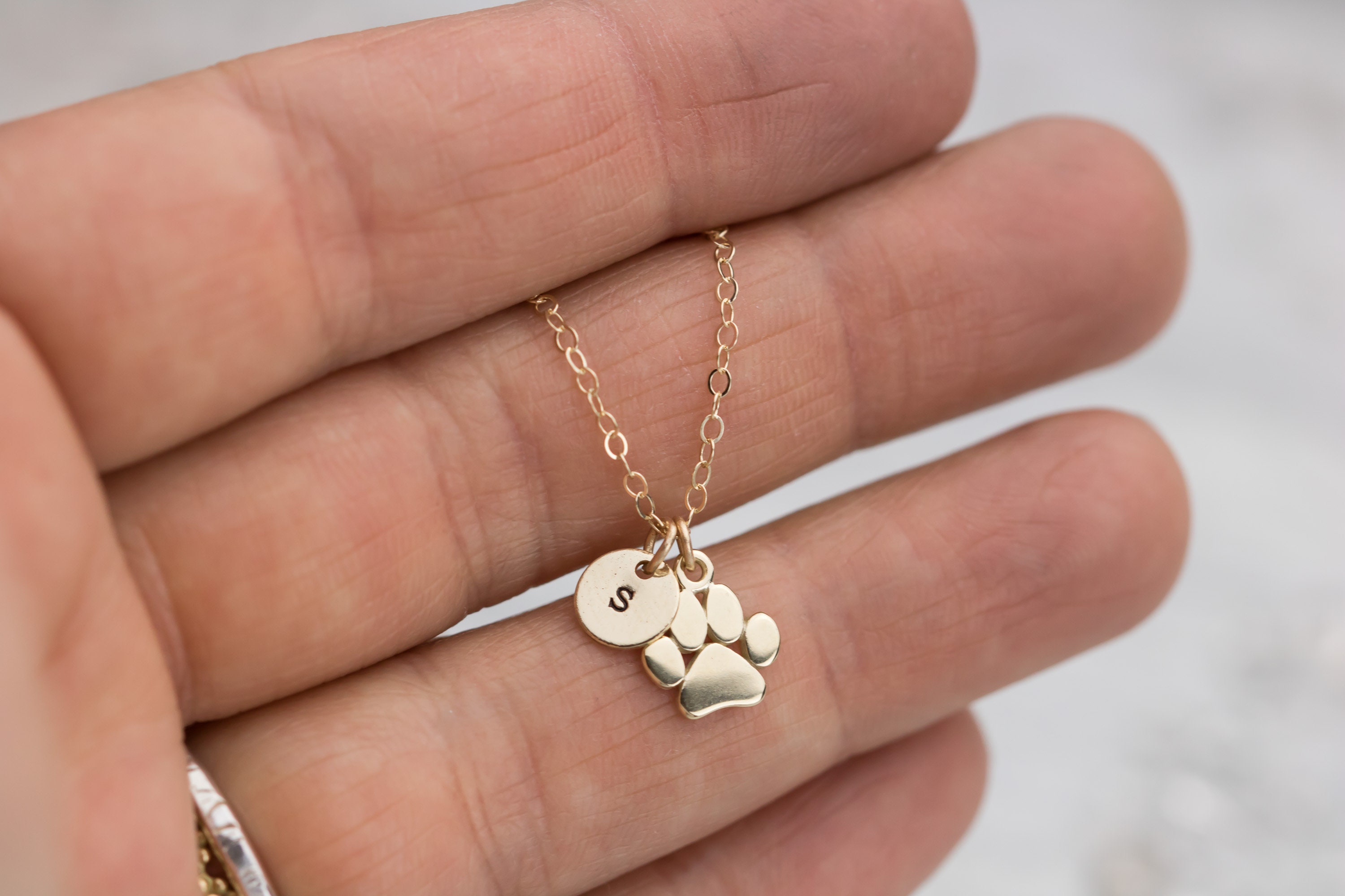 14k Solid Gold Paw Print Charm Necklace Tiny Paw Print Etsy