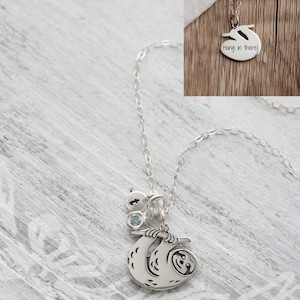 Sterling Silver Sloth Necklace with Birthstone, Initial & Engraving - Cute Animal Charm Gift
