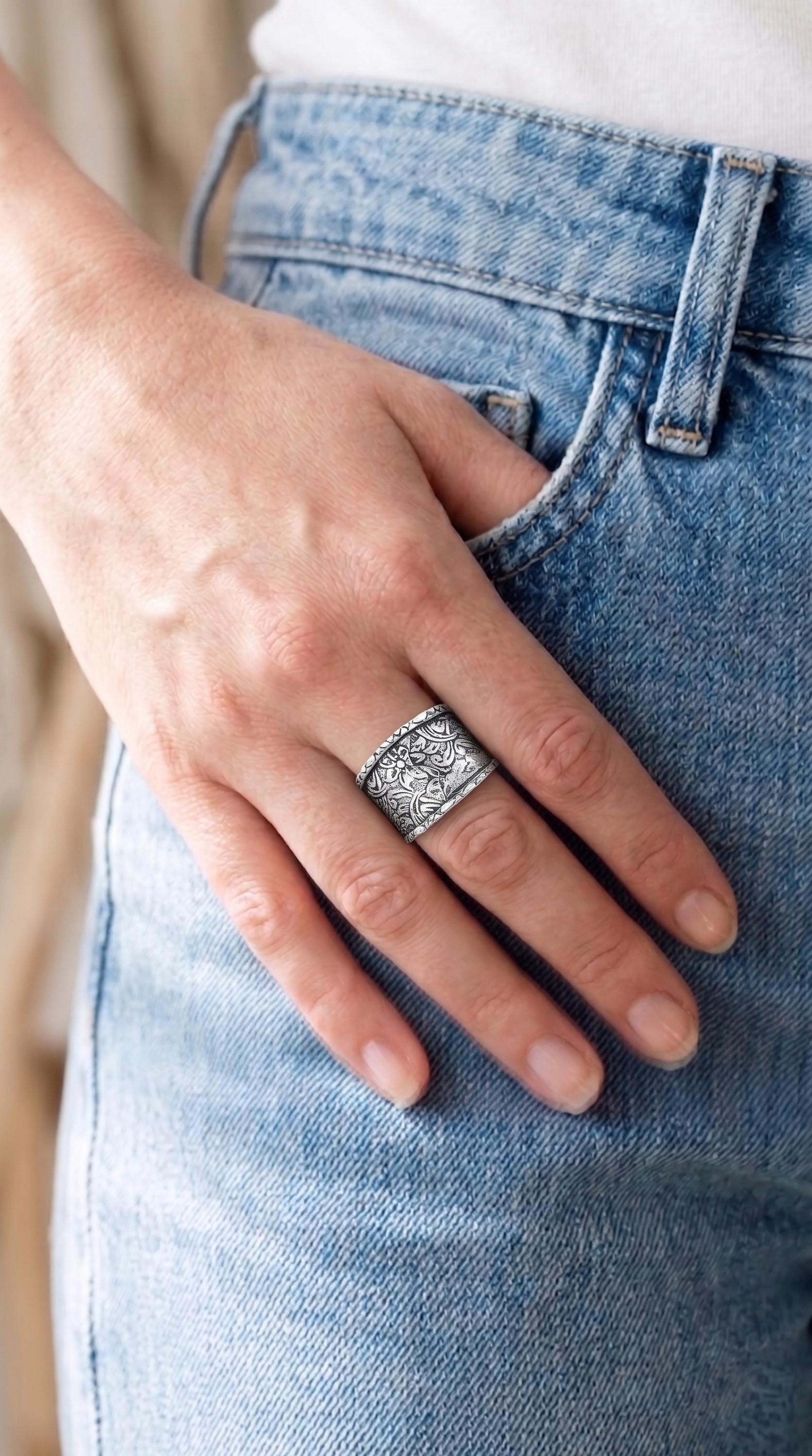 Antiqued Floral Wide Band Ring — Handcrafted Sterling Silver Statement ...