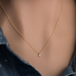 Tiny Diamond Necklace, 14k Solid Gold, Dainty Diamond Choker Necklace, Minimalist Diamond Solitaire Necklace, Adjustable Solid Gold Chain