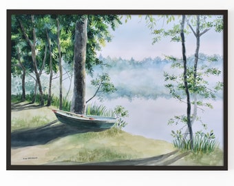 ORIGINAL watercolor painting, Nature painting, Boat by lake painting, Forest watercolor Landscape watercolor Large watercolor, peaceful lake