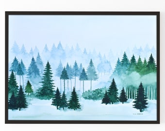 ORIGINAL watercolor painting, Hand painted green forest, Forest watercolor, Landscape watercolor, Eliza Anderson Art, Foggy forest