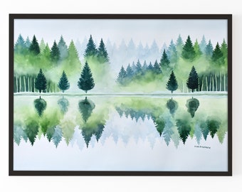 ORIGINAL watercolor painting, Nature painting, Lake painting, Reflection watercolor, Forest watercolor Landscape watercolor Large watercolor