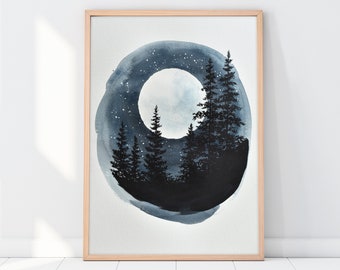 Aquarelle ORIGINALE de lune et d'arbres peinte à la main, peinture au clair de lune, art mural lune et étoiles, art d'Eliza Anderson