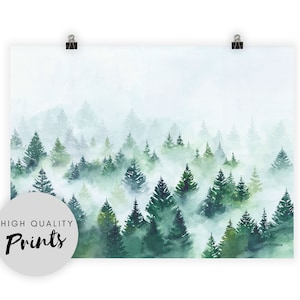 Foggy forest wall art, FOREST PRINT,  Forest wall Art, Forest painting, Print from original watercolor painting, wall Prints, minimalist art