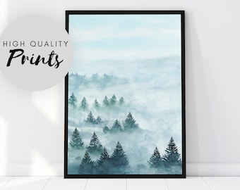 Forest painting, Blue watercolor, Misty forest, Print from original watercolor painting, Nature watercolor, Forest watercolor, Landscape
