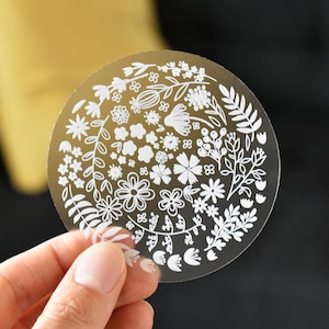 Clear flower sticker, Floral sticker, Transparent decal, Laptop sticker, White flower vinyl sticker for water bottles, Floral circle decal image 2