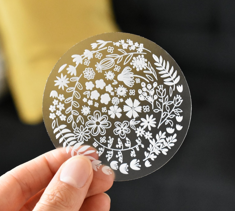 Clear flower sticker, Floral sticker, Transparent decal, Laptop sticker, White flower vinyl sticker for water bottles, Floral circle decal image 2