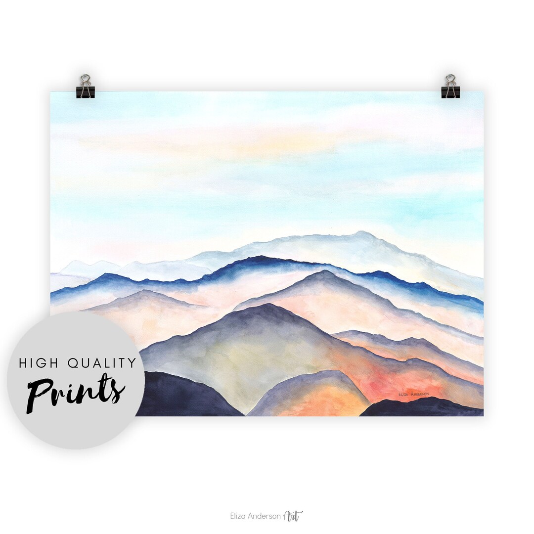 Mountain Watercolor, Minimalist Wall Art Pink Blue, Nature Watercolor ...