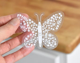 Butterfly sticker, Clear sticker of butterfly with flowers, Laptop decal, Floral butterfly sticker for water bottle, Flower sticker