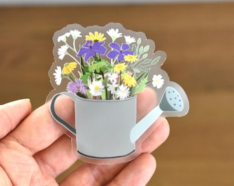 Watering can clear sticker, Flower sticker, Floral Laptop sticker, Transparent sticker for water bottle, Watering can vinyl sticker