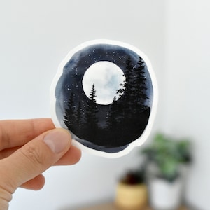Moon and stars sticker, Art sticker of moonlight and trees, Waterproof vinyl sticker for laptops, water bottles, scrapbooking, Gift idea
