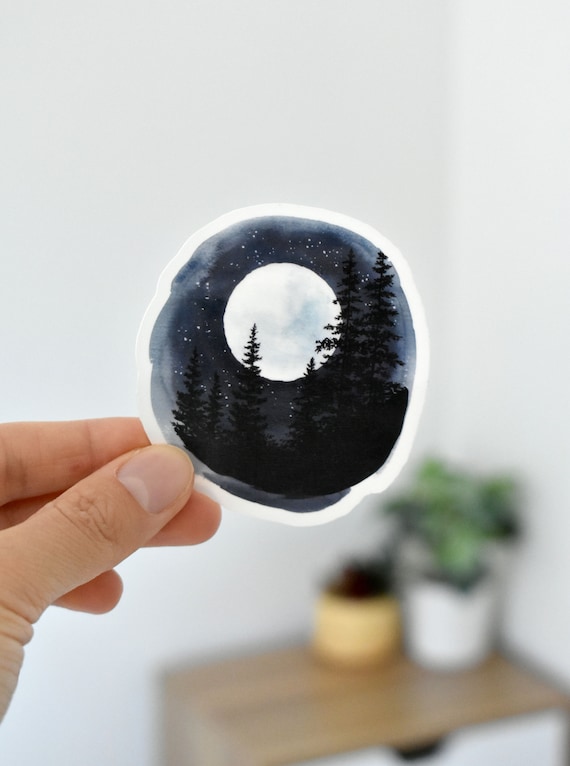 Moon and stars sticker, Art sticker of moonlight and trees, Waterproof vinyl sticker for laptops, water bottles, scrapbooking, Gift idea