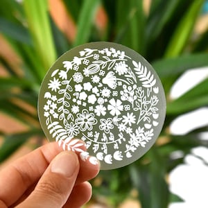 Clear flower sticker, Floral sticker, Transparent decal, Laptop sticker, White flower vinyl sticker for water bottles, Floral circle decal image 3