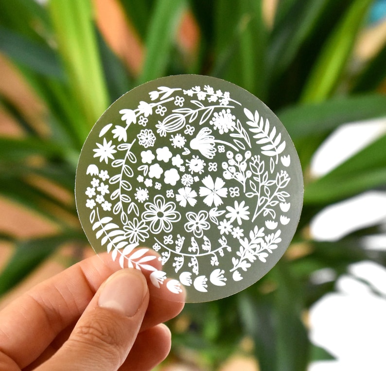 Clear flower sticker, Floral sticker, Transparent decal, Laptop sticker, White flower vinyl sticker for water bottles, Floral circle decal image 3
