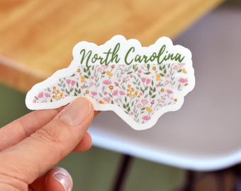 North Carolina-sticker, NC-sticker voor waterfles, laptops, bloemensticker North Carolina, staatsstickers, waterdichte sticker North Carolina