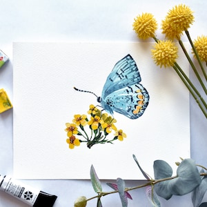Kunstdruck vom Originalgemälde, Blauer Schmetterling auf gelben Blumen, Schmetterlingsgemälde, Blumenaquarell, Eliza Anderson Kunst